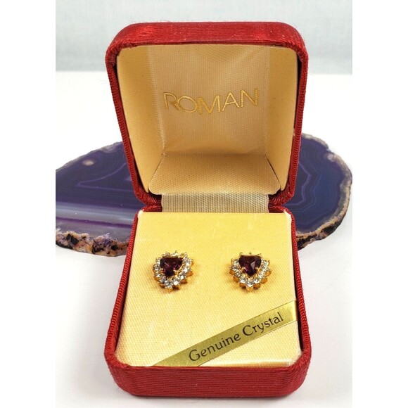 Vintage 1990's by Roman Classic Collection Genuine Crystal Heart Stud Earrings - Picture 2 of 6